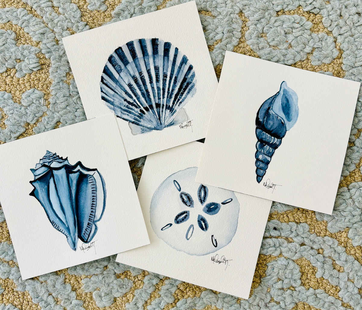 Set of 4 Original Watercolor Shell Paintings | Coastal Wall Art | 8x8 Nautical Beach Decor | Ocean-Inspired Shell Series