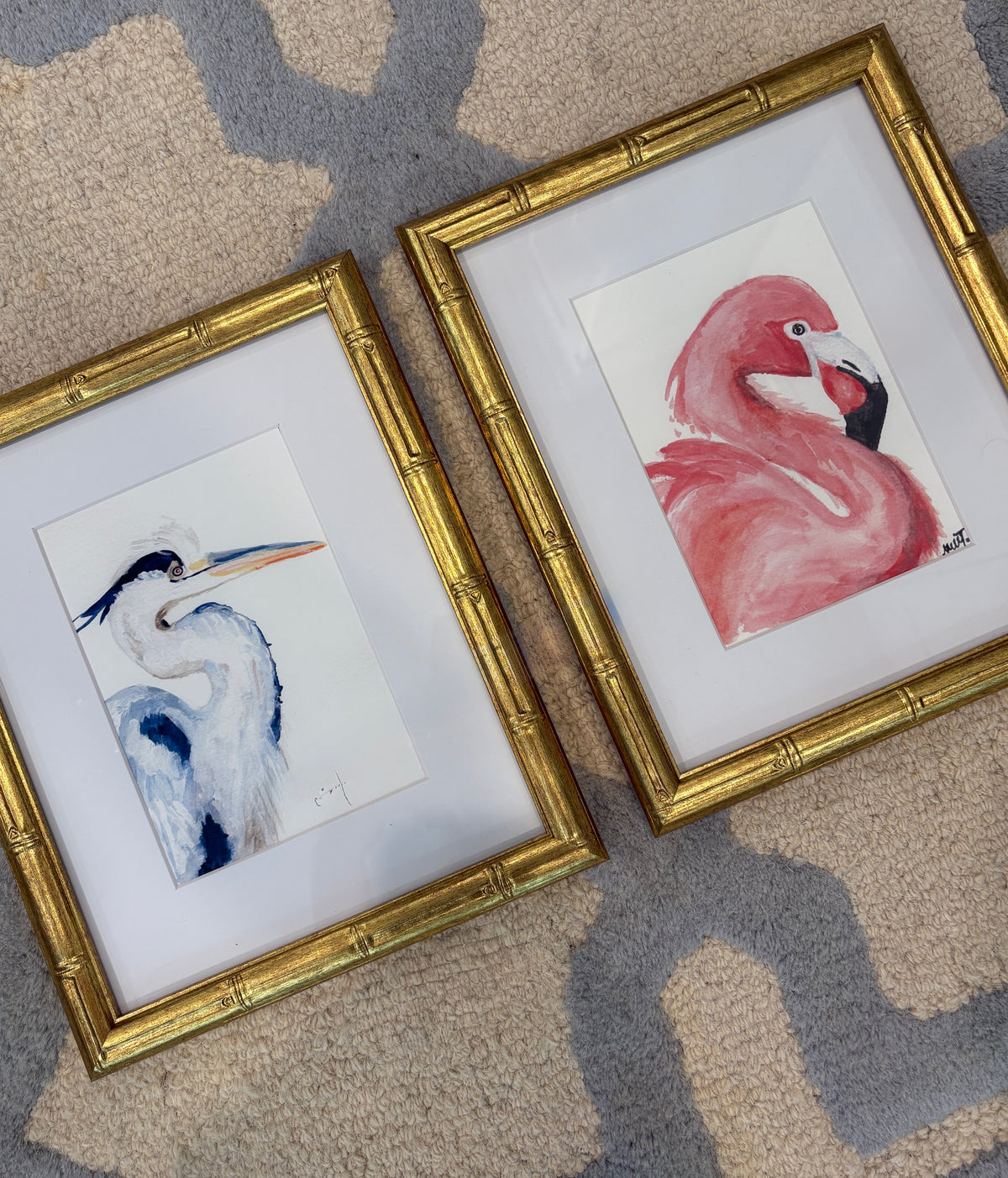 Set of 2 Framed Prints - Flamingo and Blue Heron