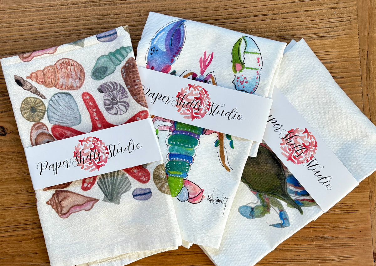 Coastal Watercolor Tea Towels | Nautical Kitchen Decor | Sea-Inspired Linen Towels | Sold Separately
