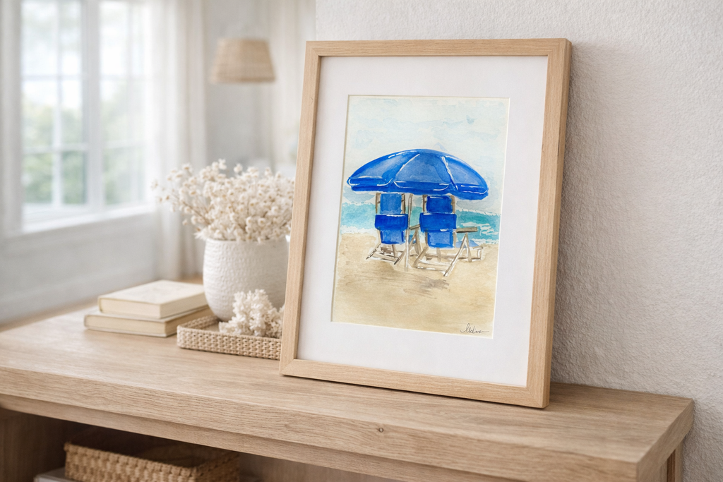 Original Watercolor Beach Chairs, Framed 9x12