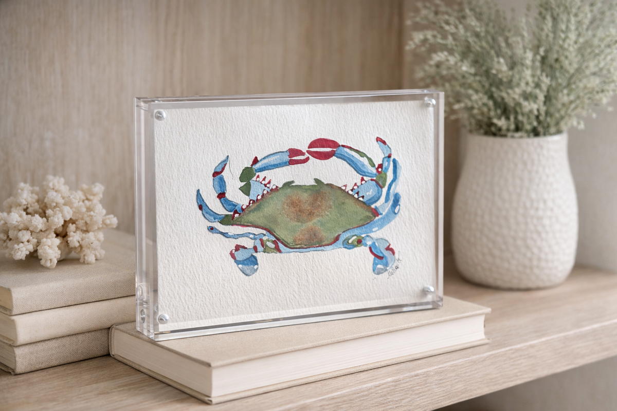 Original Watercolor Blue Crab, Acrylic Block Frame