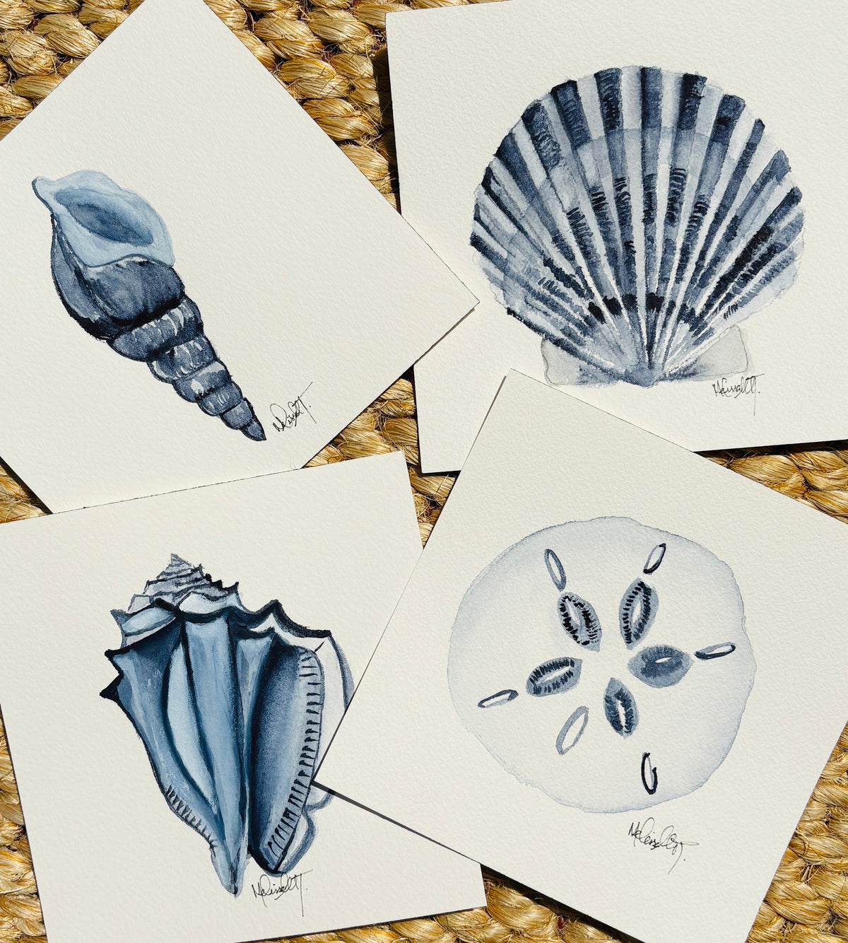 Set of 4 Original Watercolor Shell Paintings | Coastal Wall Art | 8x8 Nautical Beach Decor | Ocean-Inspired Shell Series