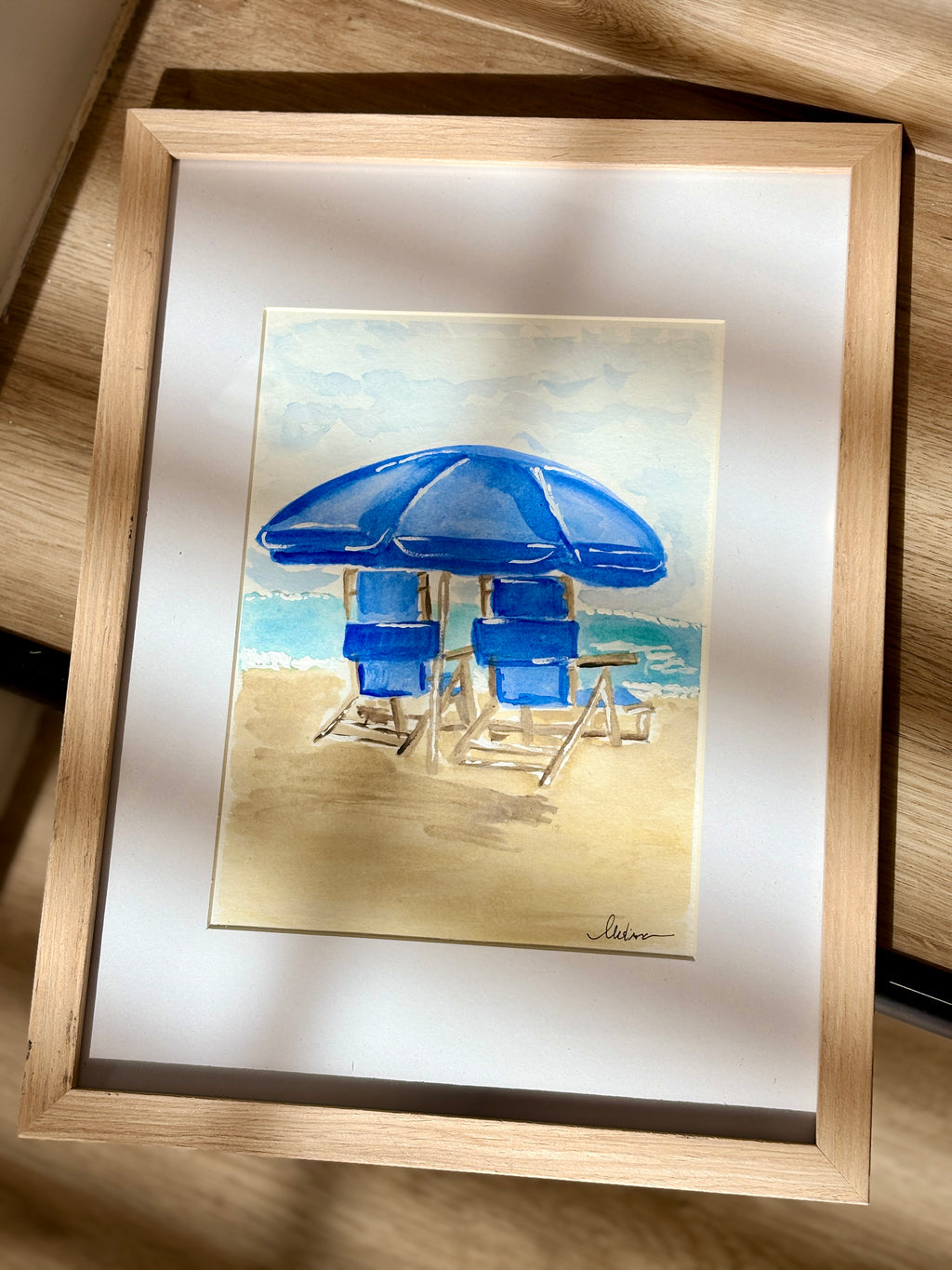 Original Watercolor Beach Chairs, Framed 9x12