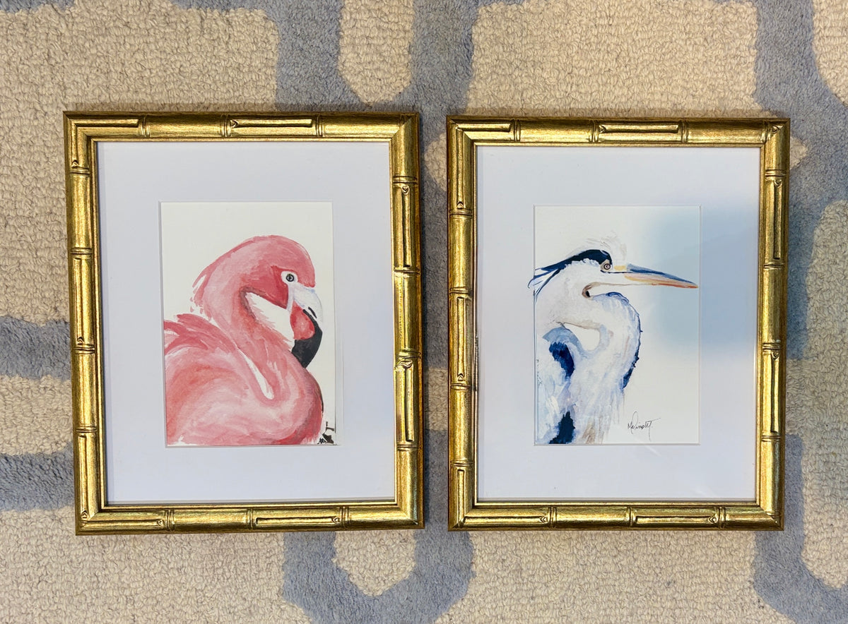 Set of 2 Framed Prints - Flamingo and Blue Heron