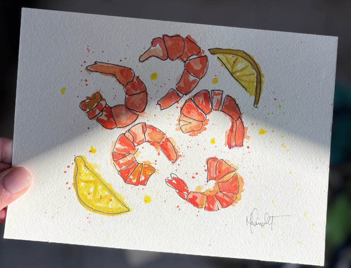 Original Shrimp Watercolor Painting | 8x10 Coastal Kitchen Art | Nautical Foodie Decor