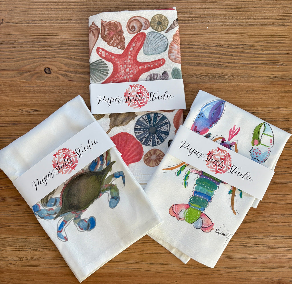 Coastal Watercolor Tea Towels | Nautical Kitchen Decor | Sea-Inspired Linen Towels | Sold Separately