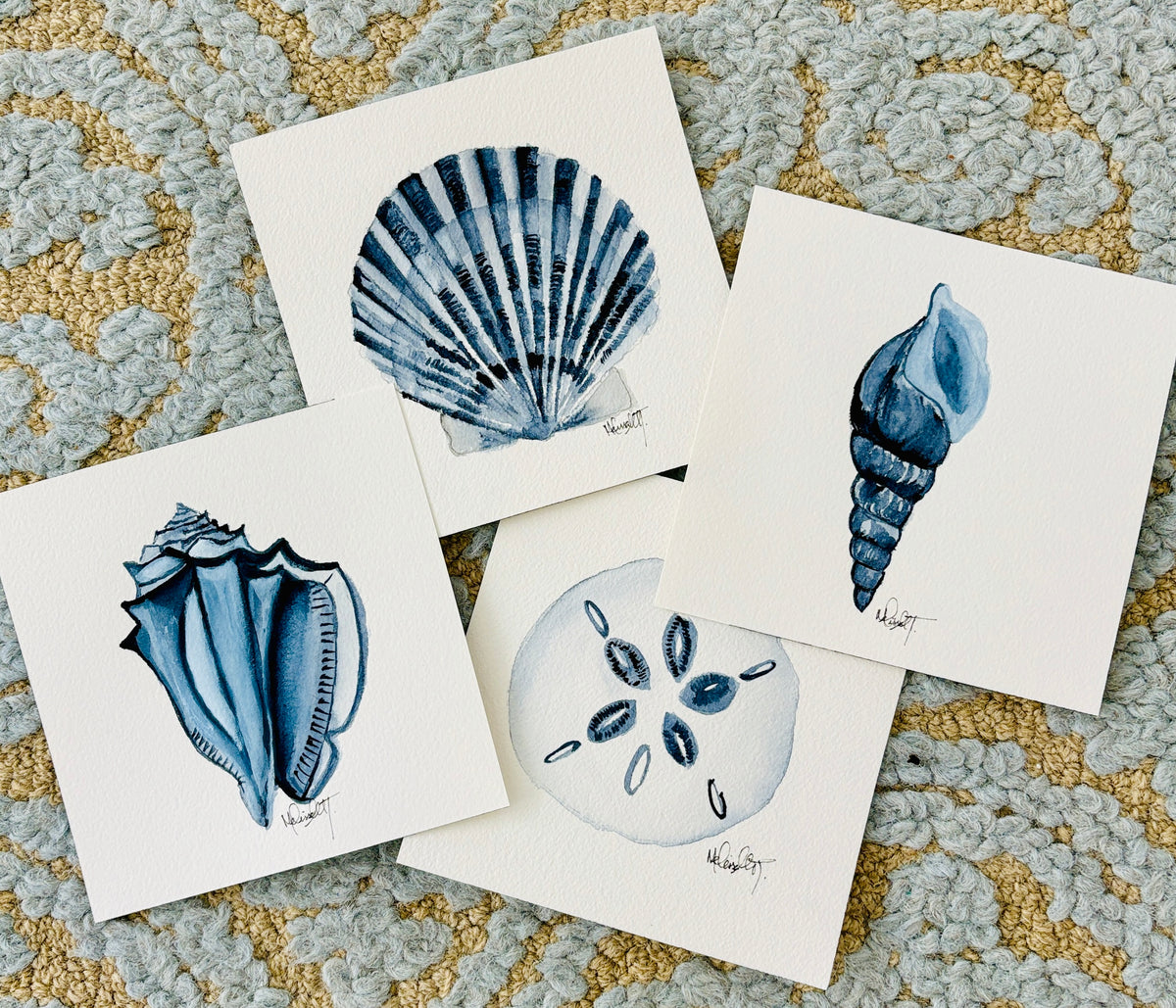 Set of 4 Original Watercolor Shell Paintings | Coastal Wall Art | 8x8 Nautical Beach Decor | Ocean-Inspired Shell Series