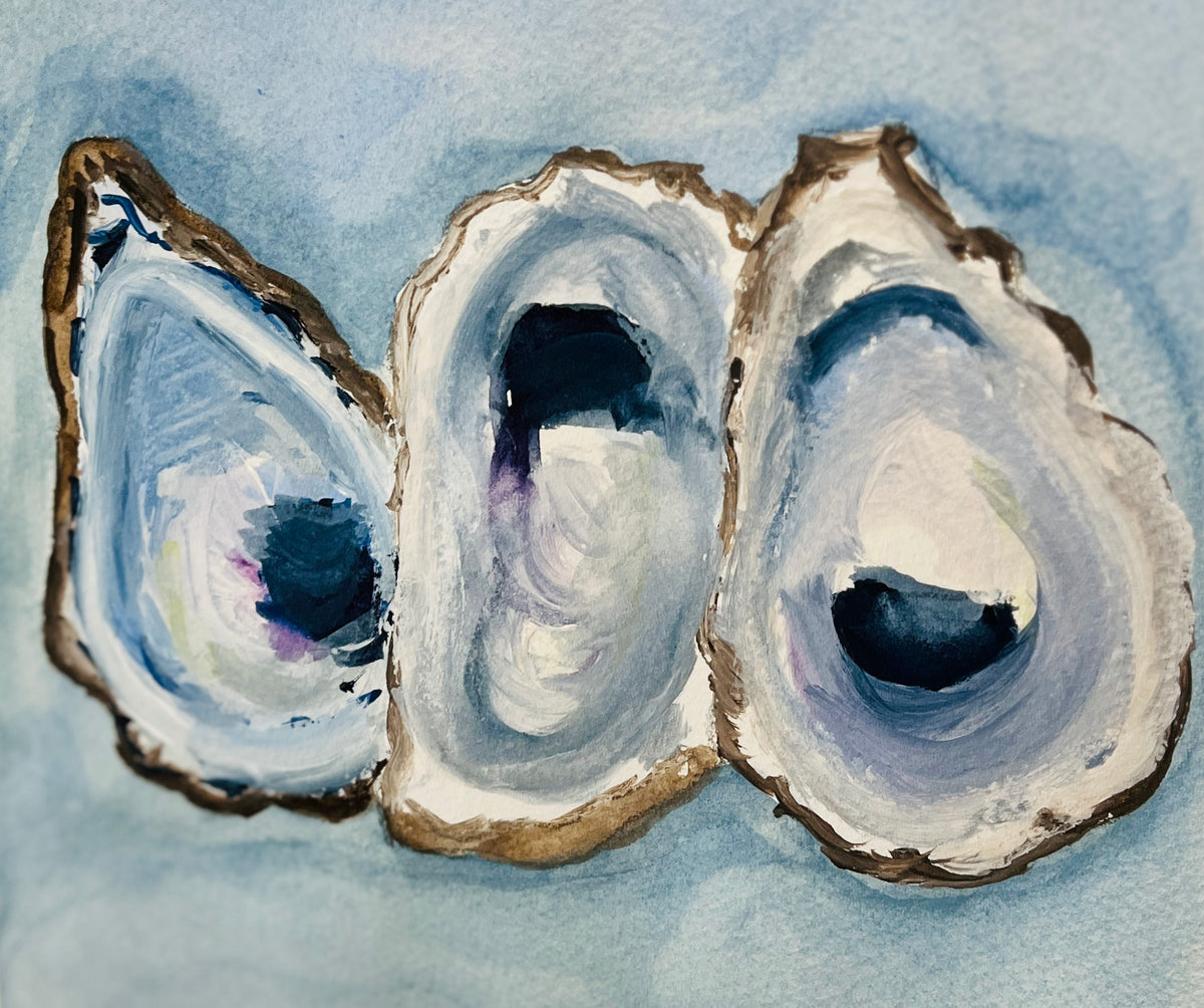 Original Oyster Trio Watercolor – Framed Coastal Wall Art