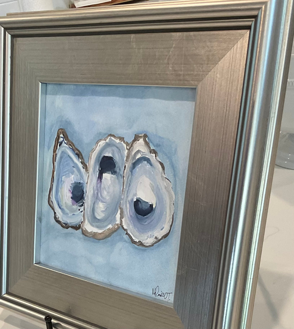 Original Oyster Trio Watercolor – Framed Coastal Wall Art