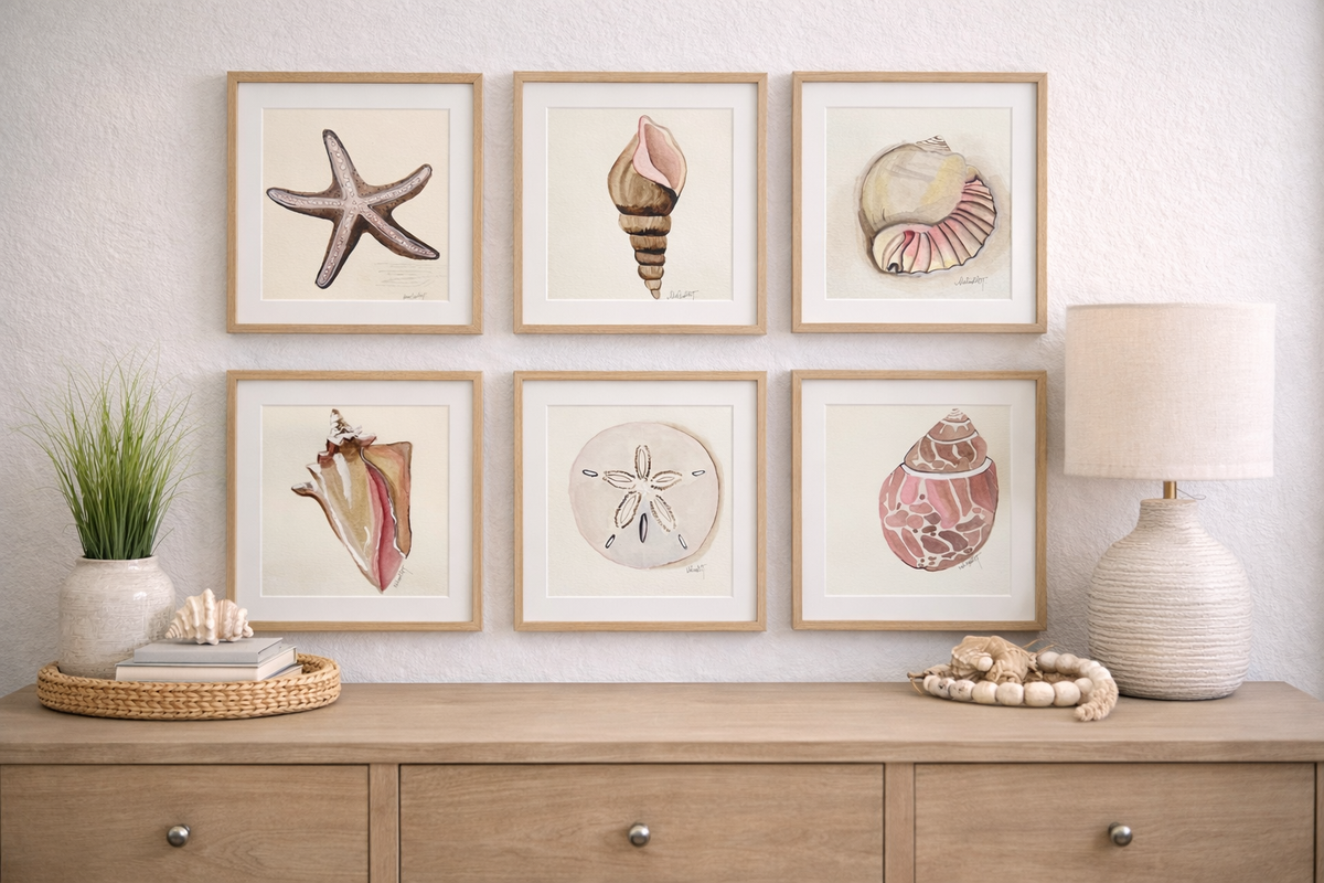 Coastal Shell Watercolor Set of 6 | Original 10x10 Art | Neutral Beach Wall Collection