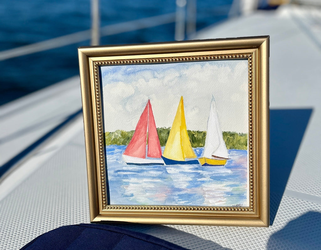Original Watercolor Sailboats, Framed 12x12