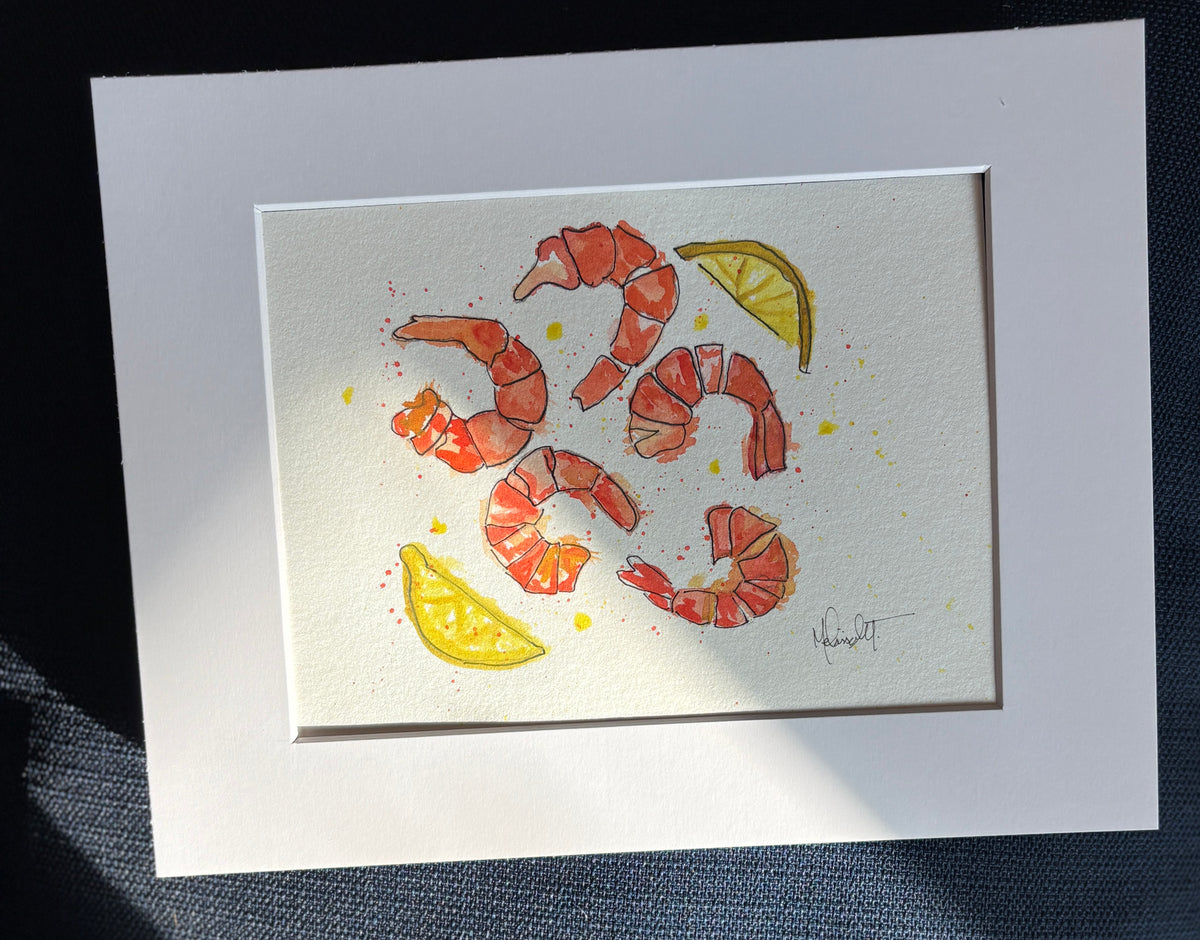 Original Shrimp Watercolor Painting | 8x10 Coastal Kitchen Art | Nautical Foodie Decor