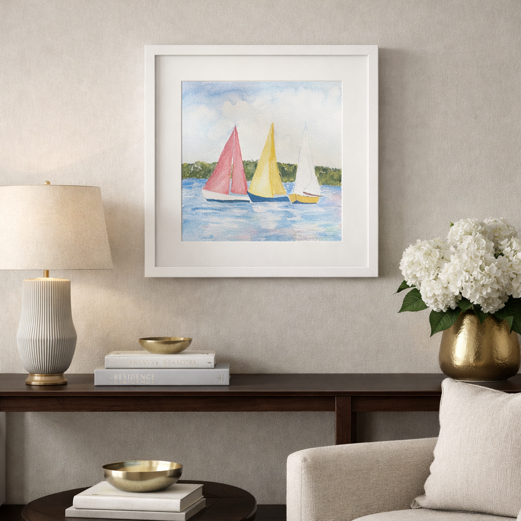 Original Watercolor Sailboats, Framed 12x12