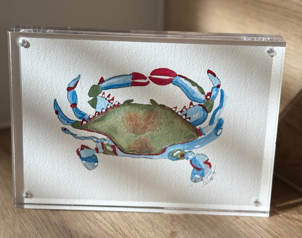 Original Watercolor Blue Crab, Acrylic Block Frame