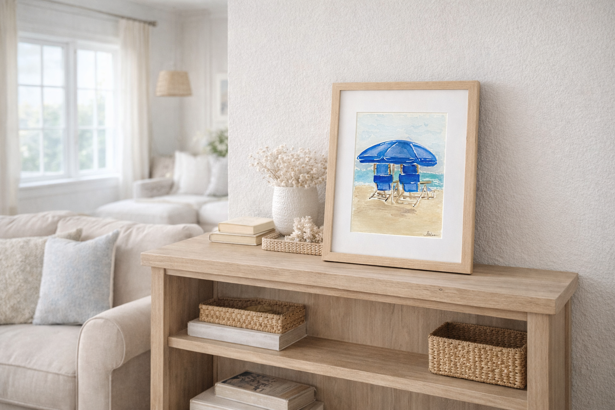 Original Watercolor Beach Chairs, Framed 9x12