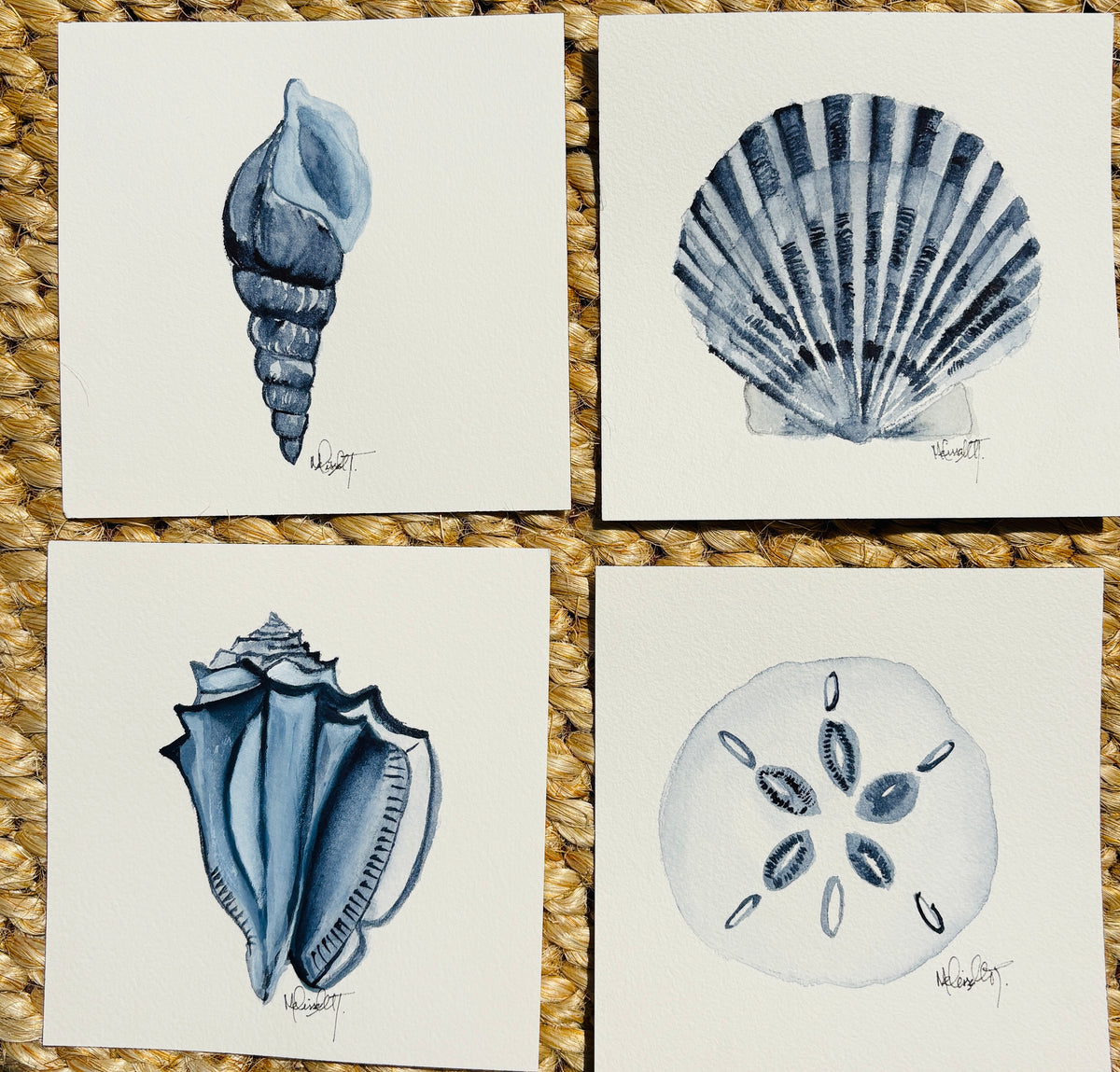 Set of 4 Original Watercolor Shell Paintings | Coastal Wall Art | 8x8 Nautical Beach Decor | Ocean-Inspired Shell Series