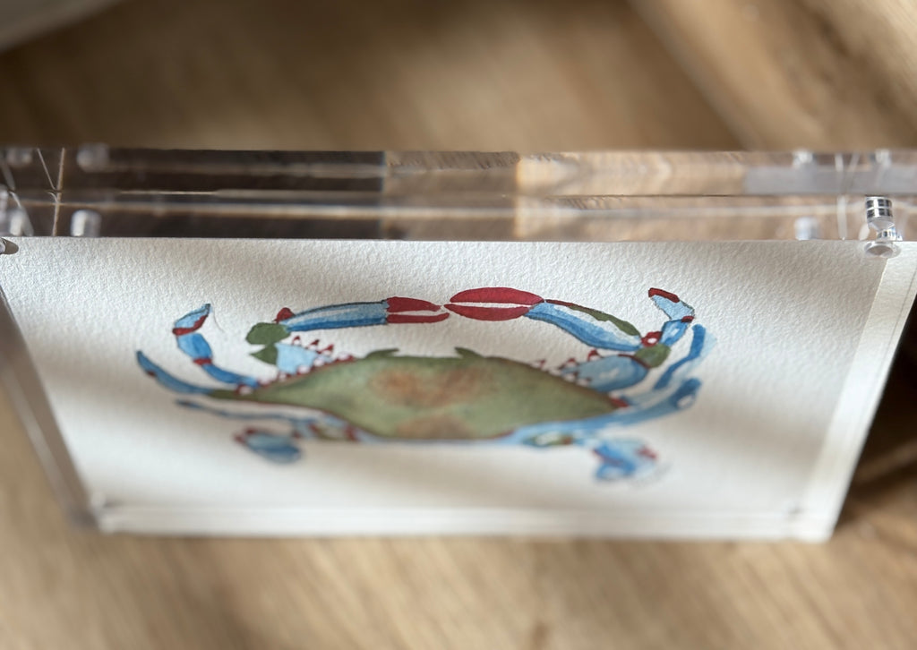 Original Watercolor Blue Crab, Acrylic Block Frame