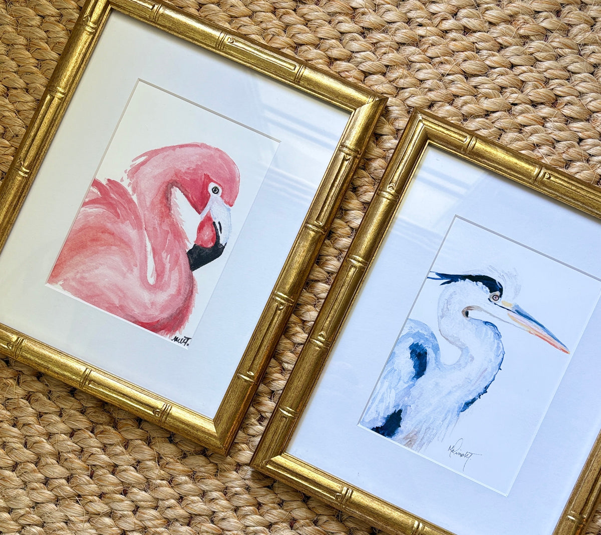 Set of 2 Framed Prints - Flamingo and Blue Heron
