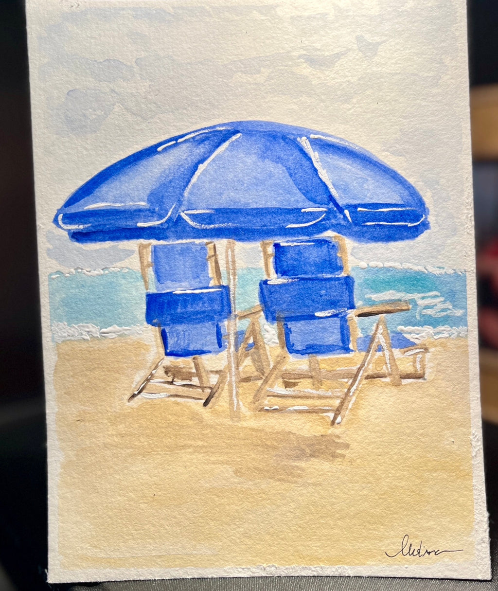 Original Watercolor Beach Chairs, Framed 9x12
