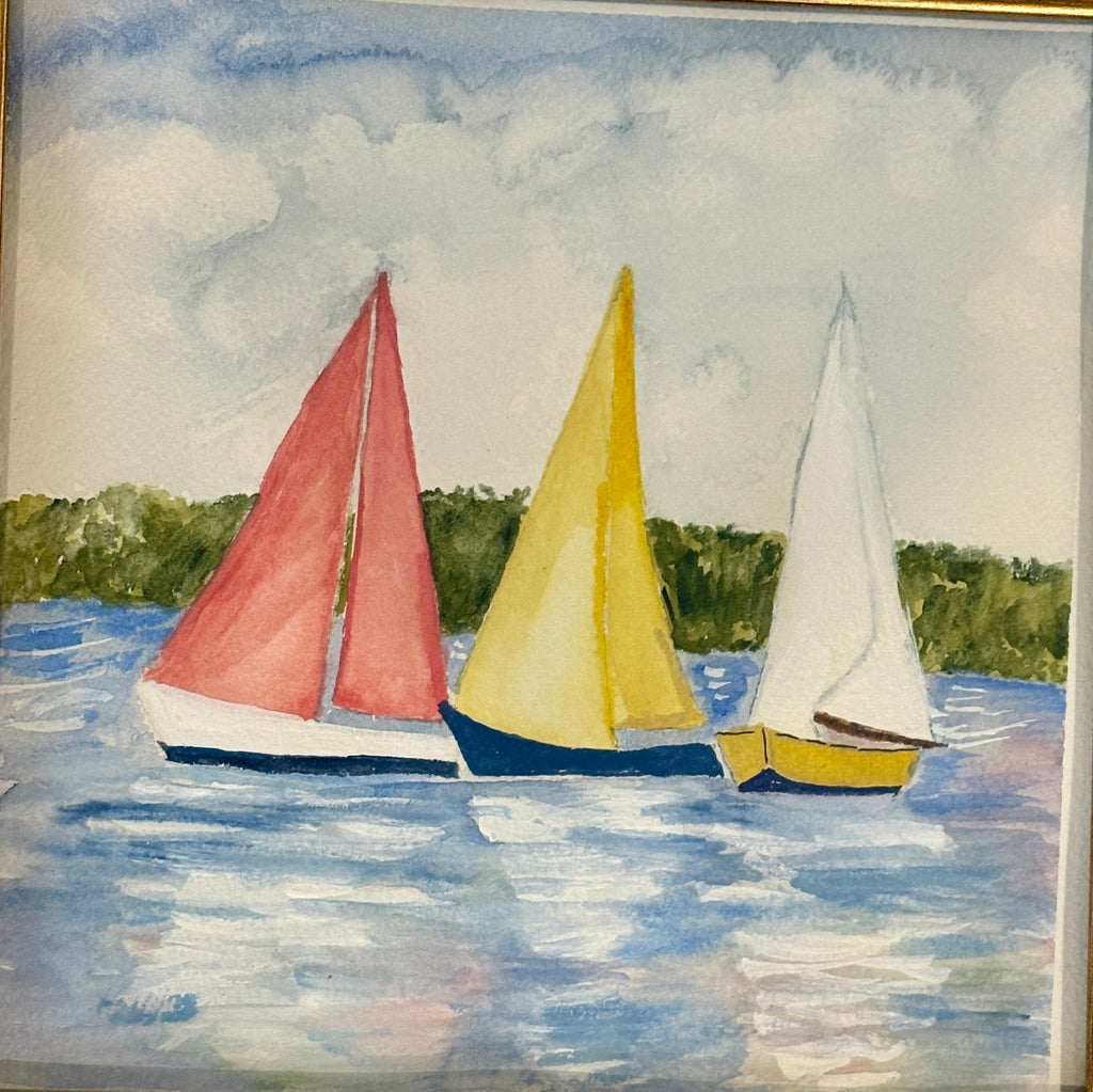 Original Watercolor Sailboats, Framed 12x12