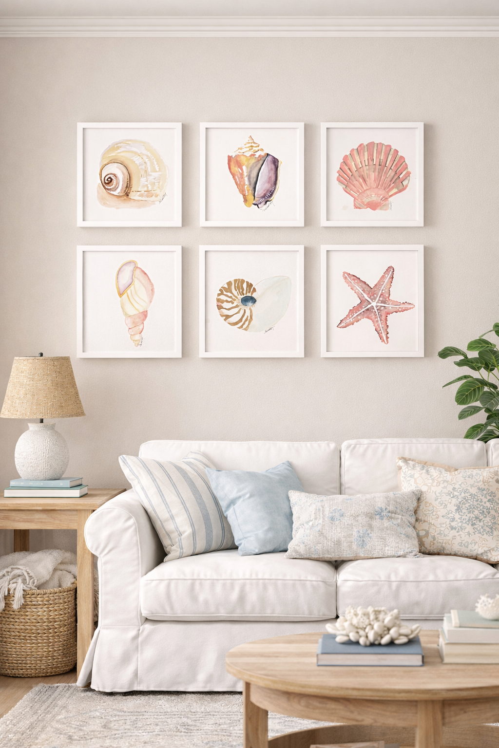 Coastal Shell Watercolor SET of 6 | Original Art | 10x10 Beach-Inspired Wall Collection