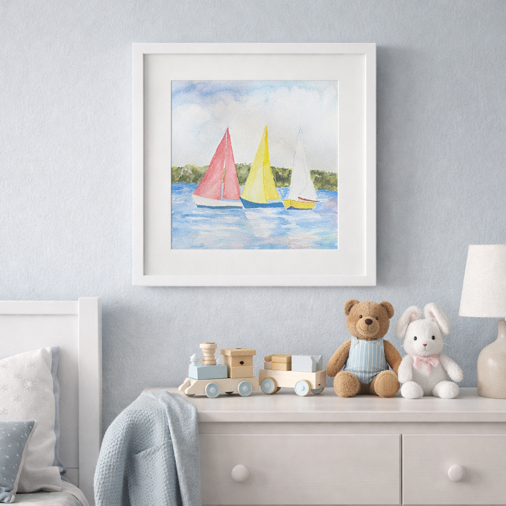 Original Watercolor Sailboats, Framed 12x12