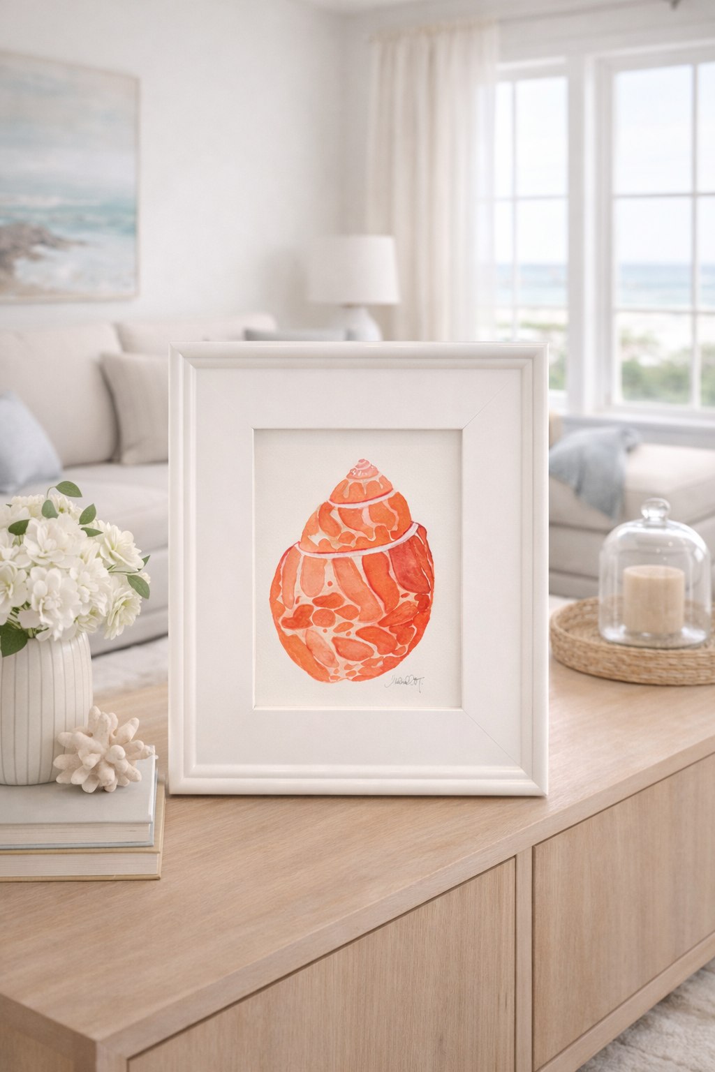Original Watercolor Seashells, Framed 8x10