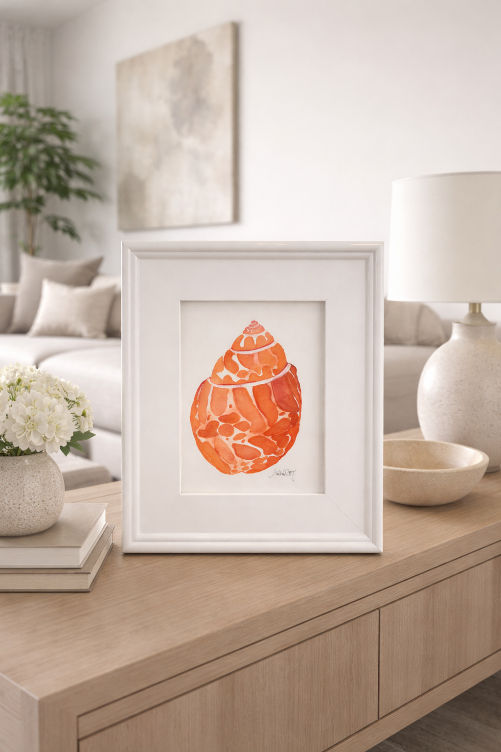 Original Watercolor Seashells, Framed 8x10