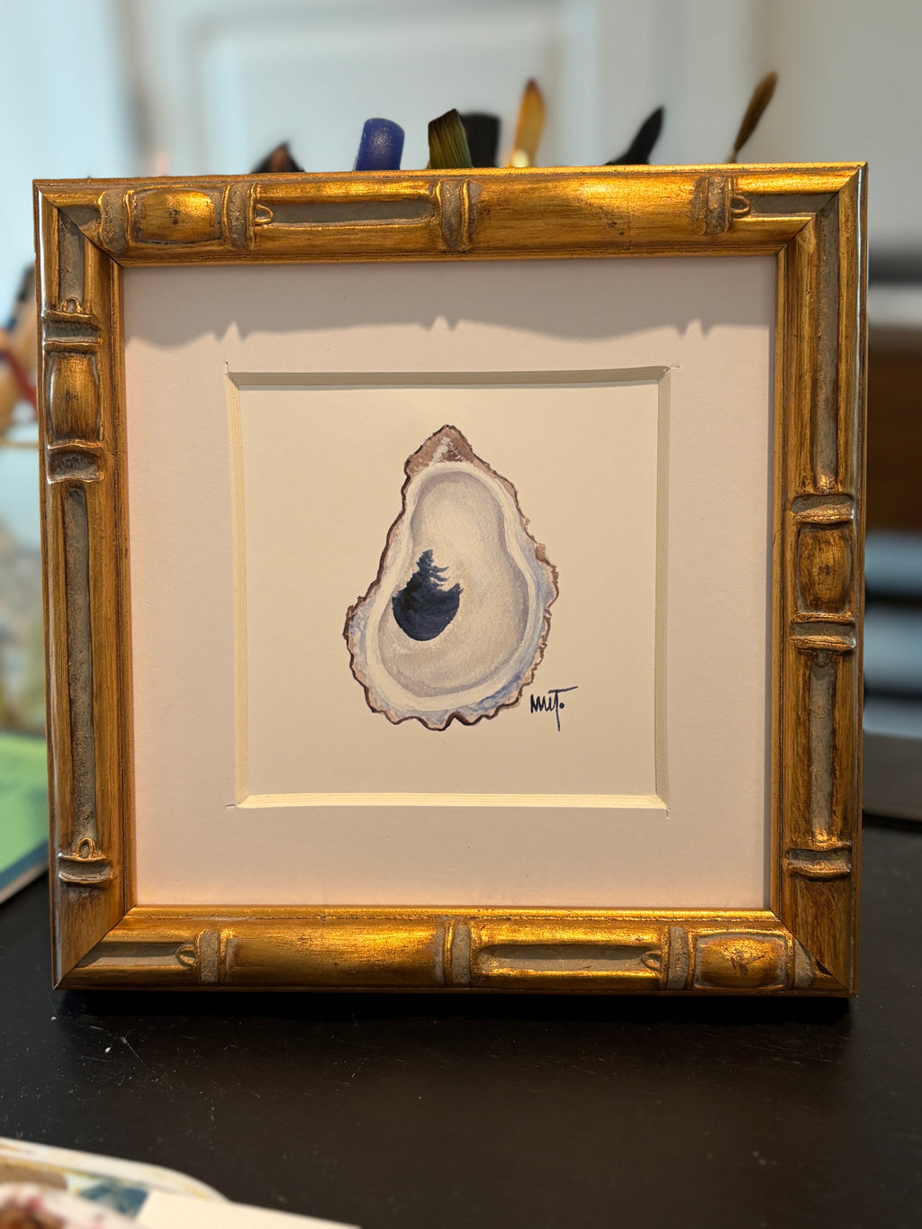 Framed Oyster Shell Watercolor Print – 6x6 Bamboo Style Frame