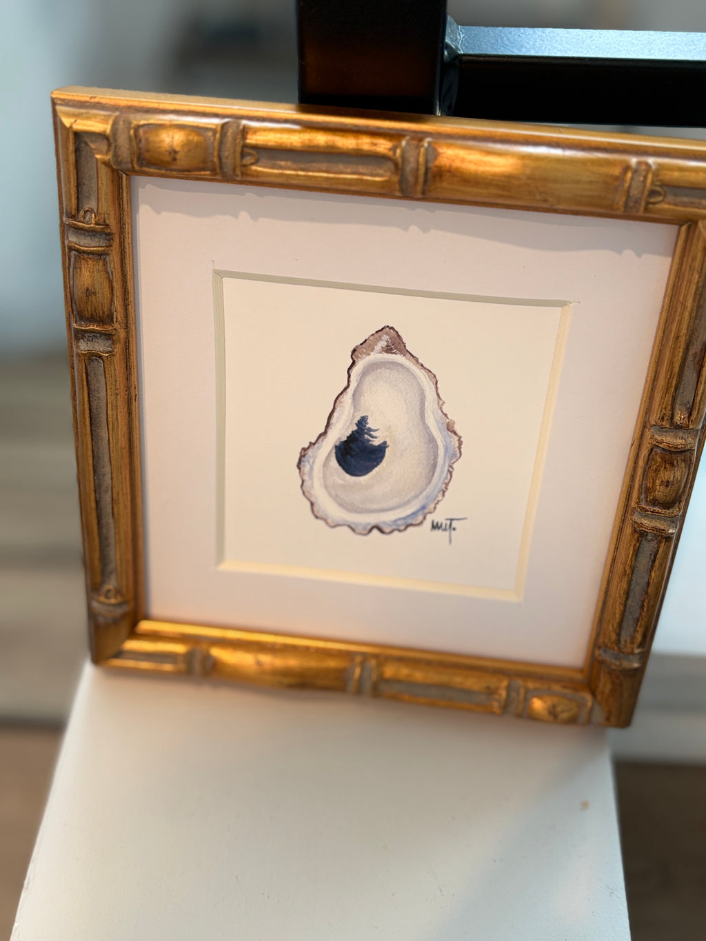Framed Oyster Shell Watercolor Print – 6x6 Bamboo Style Frame