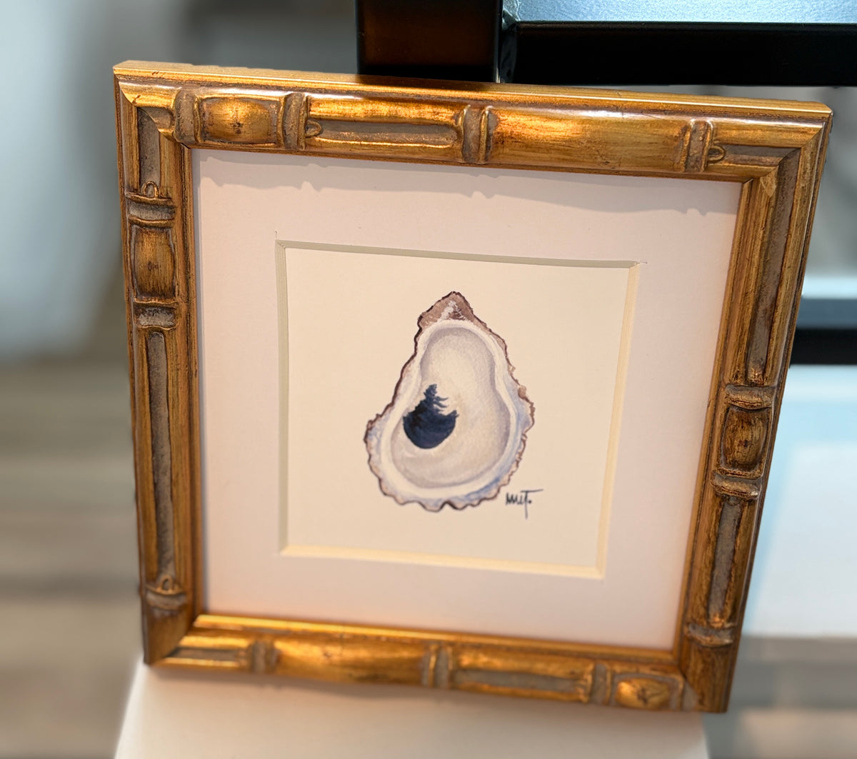 Framed Oyster Shell Watercolor Print – 6x6 Bamboo Style Frame