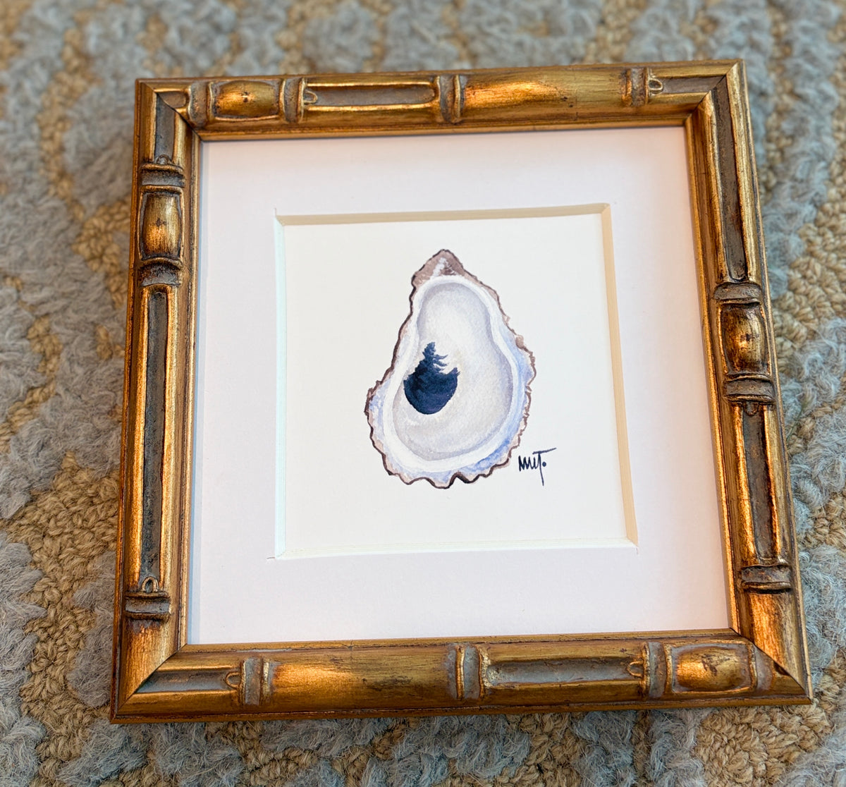 Framed Oyster Shell Watercolor Print – 6x6 Bamboo Style Frame