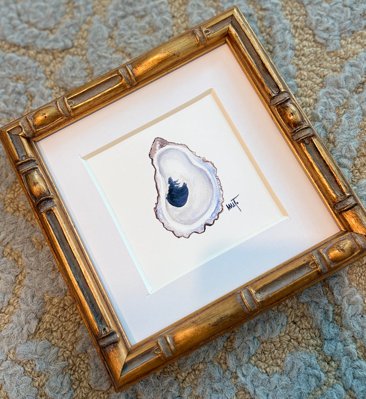 Framed Oyster Shell Watercolor Print – 6x6 Bamboo Style Frame