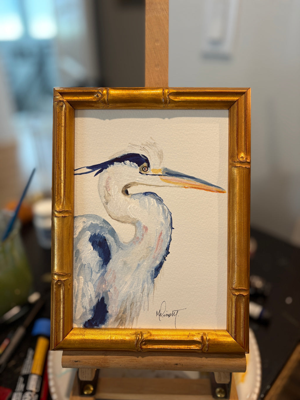 Original 5x7 Watercolor Heron Painting – Coastal Bird Art, Available Framed or Unframed