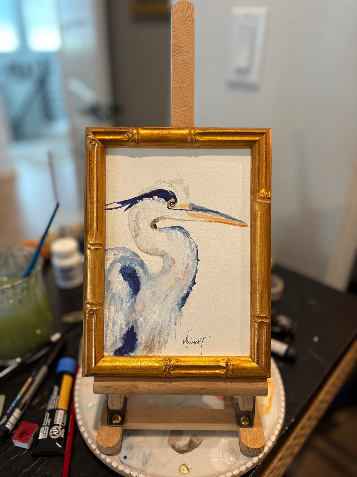 Original 5x7 Watercolor Heron Painting – Coastal Bird Art, Available Framed or Unframed