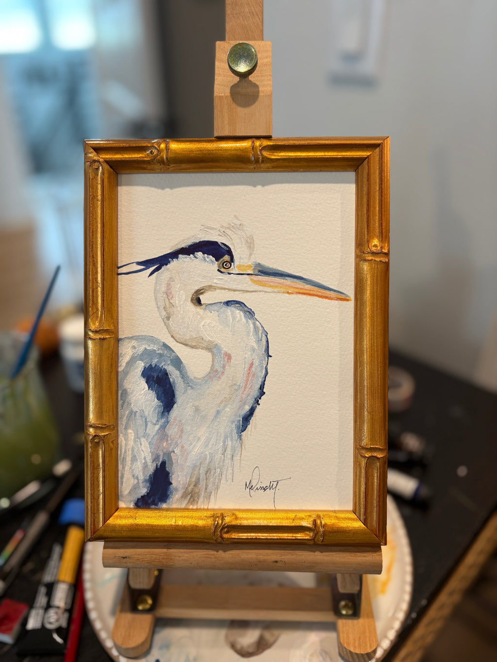 Original 5x7 Watercolor Heron Painting – Coastal Bird Art, Available Framed or Unframed