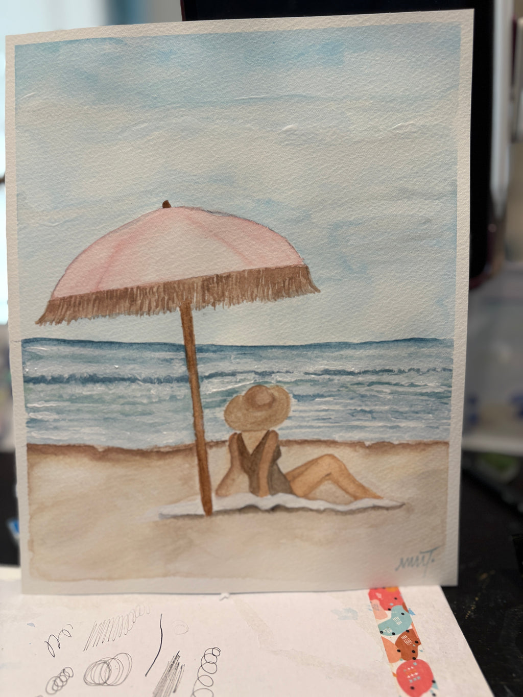 Coastal Serenity” – 8x10 Original Watercolor Painting of Woman on the Beach Under Umbrella