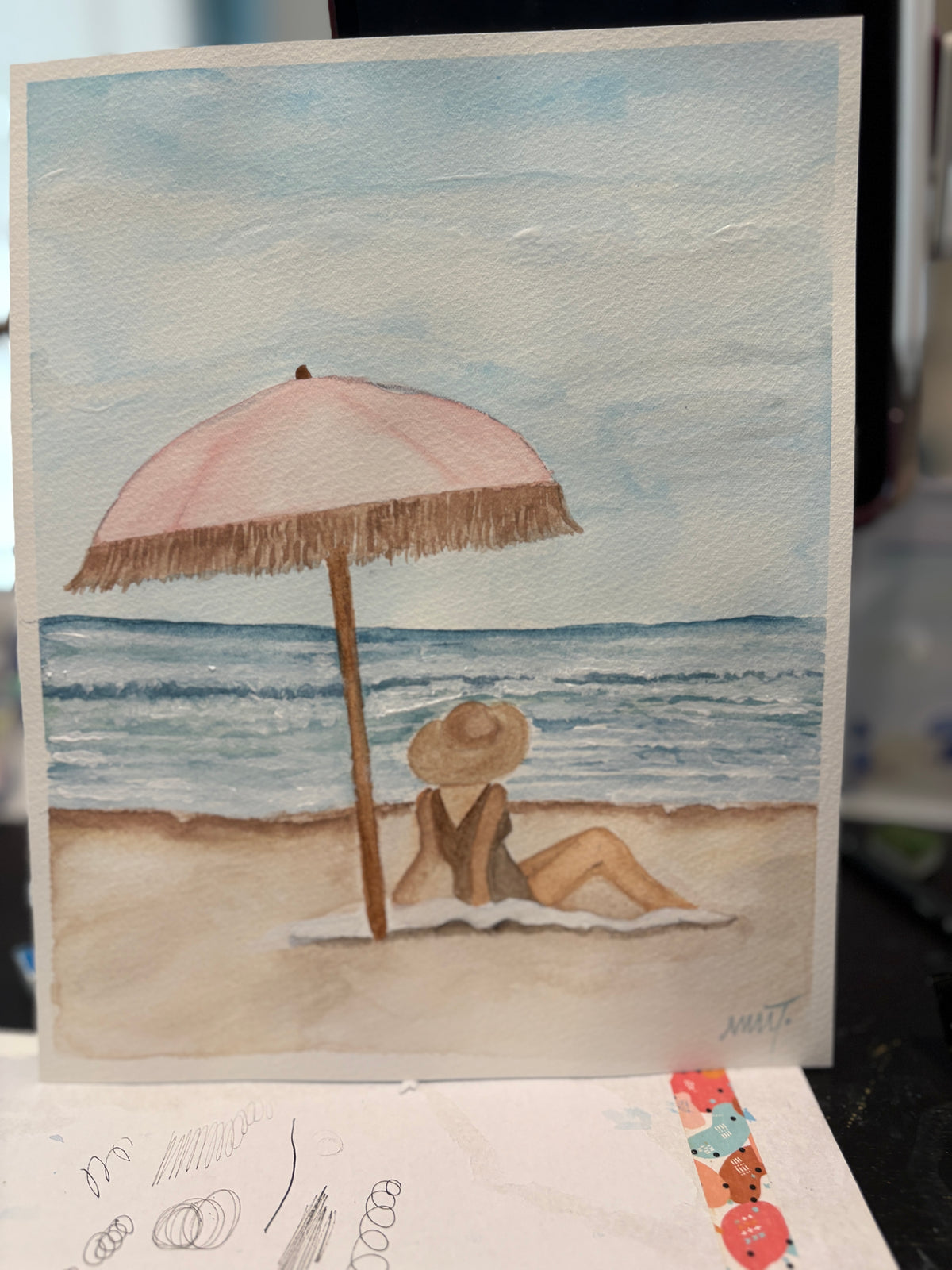 Coastal Serenity” – 8x10 Fine Art PRINT of Woman Relaxing on the Beach Under a Pink Umbrella