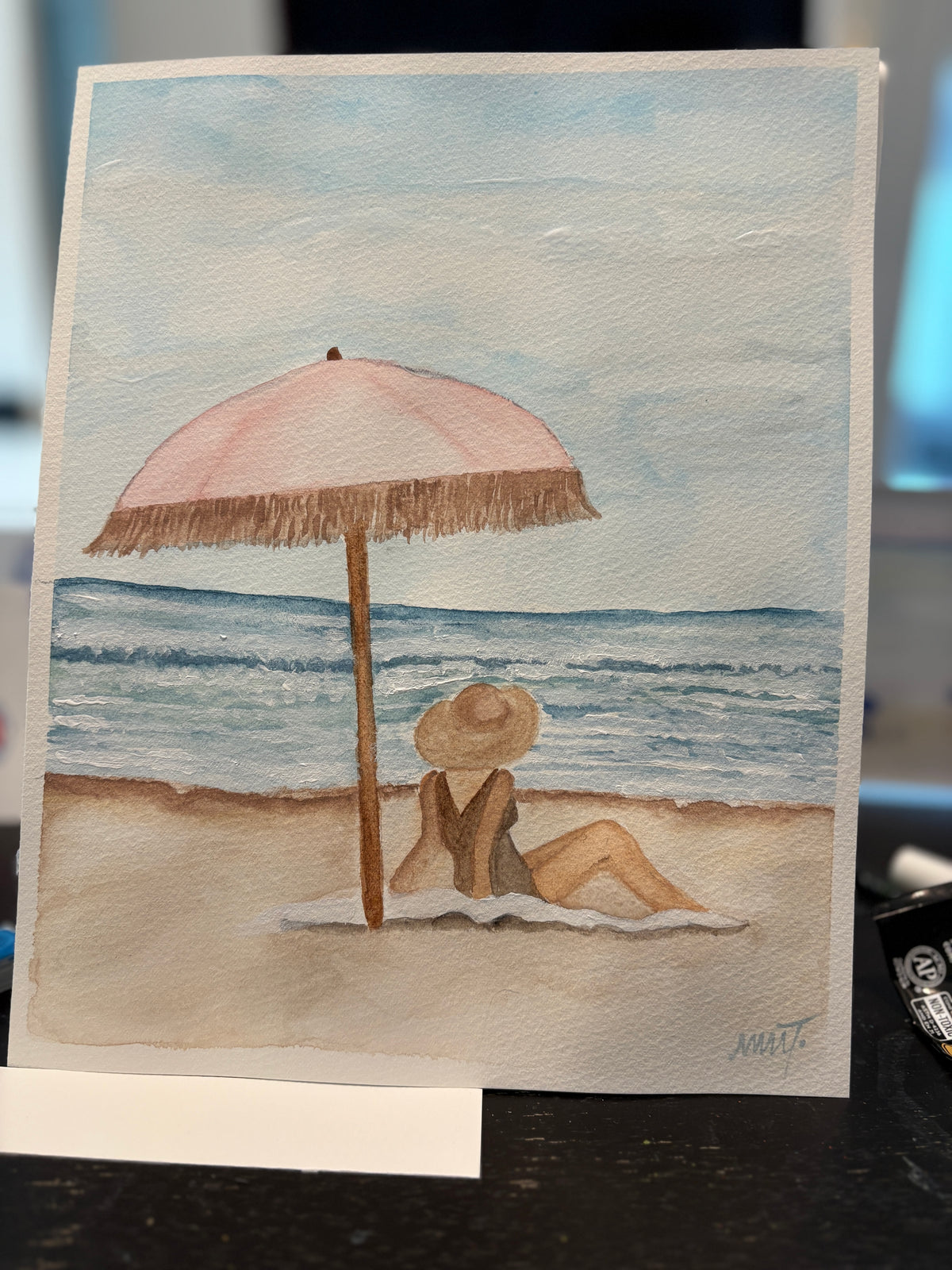 Coastal Serenity” – 8x10 Fine Art PRINT of Woman Relaxing on the Beach Under a Pink Umbrella