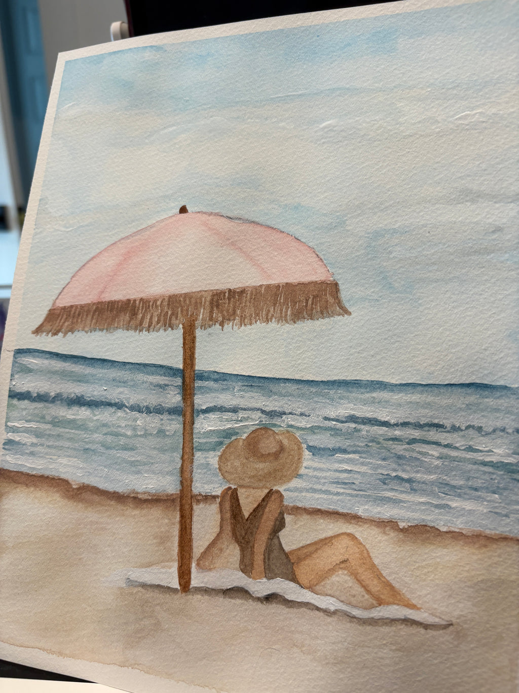Coastal Serenity” – 8x10 Fine Art PRINT of Woman Relaxing on the Beach Under a Pink Umbrella