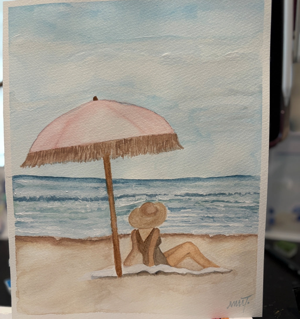 Coastal Serenity” – 8x10 Fine Art PRINT of Woman Relaxing on the Beach Under a Pink Umbrella