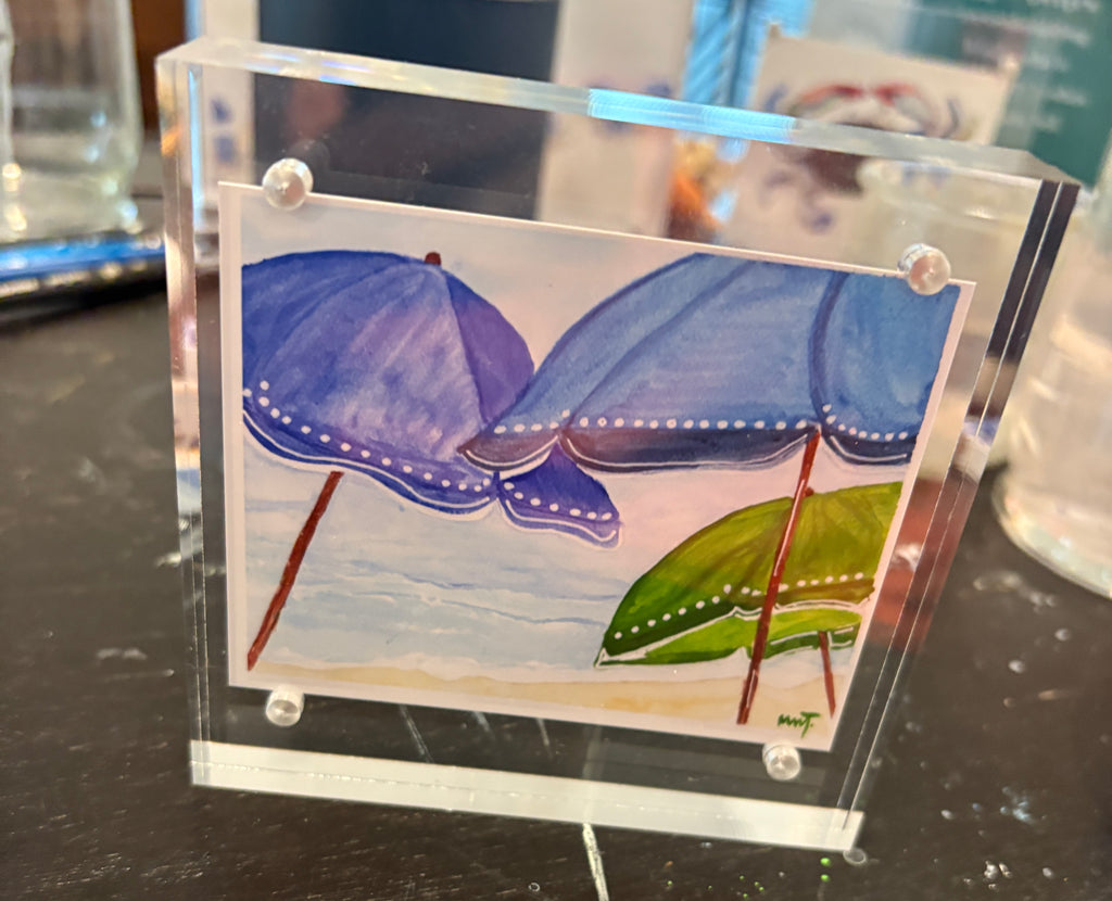Beach Umbrella Trio - 4x4 Watercolor Art Print in Acrylic Block Frame