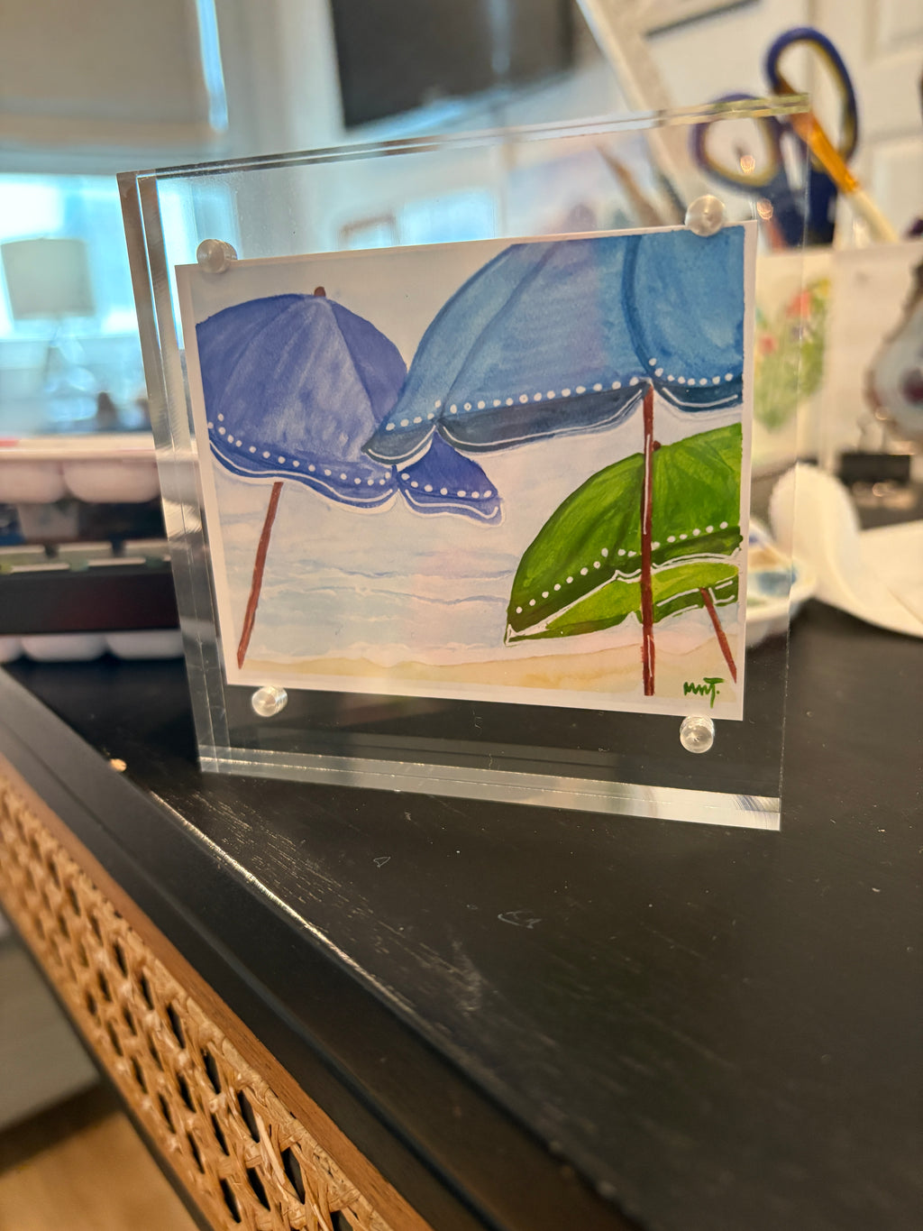 Beach Umbrella Trio - 4x4 Watercolor Art Print in Acrylic Block Frame