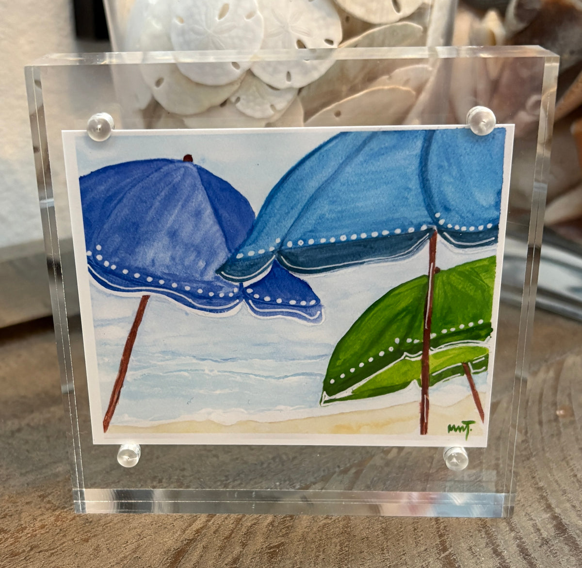 Beach Umbrella Trio - 4x4 Watercolor Art Print in Acrylic Block Frame