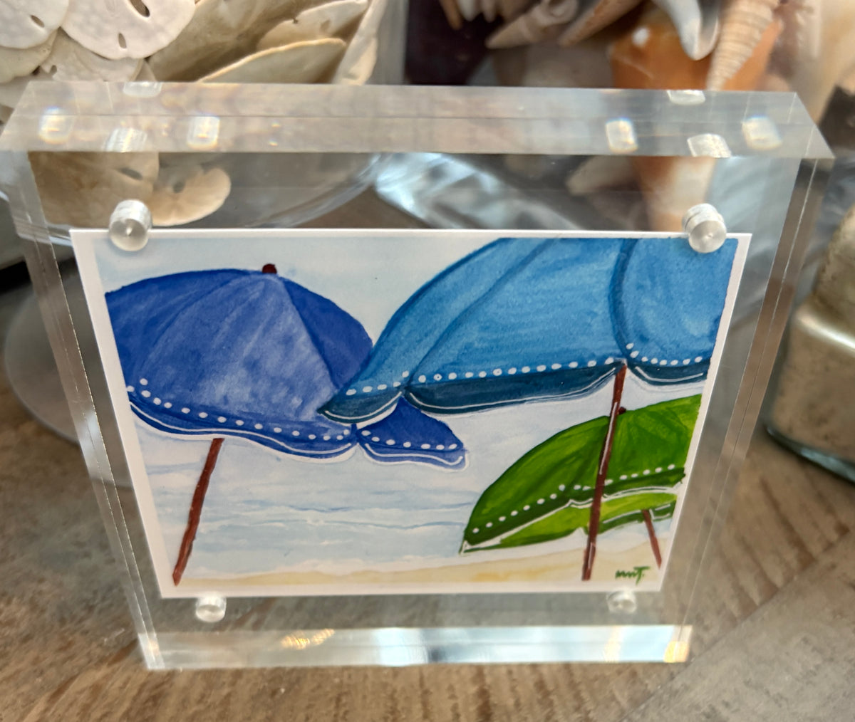 Beach Umbrella Trio - 4x4 Watercolor Art Print in Acrylic Block Frame