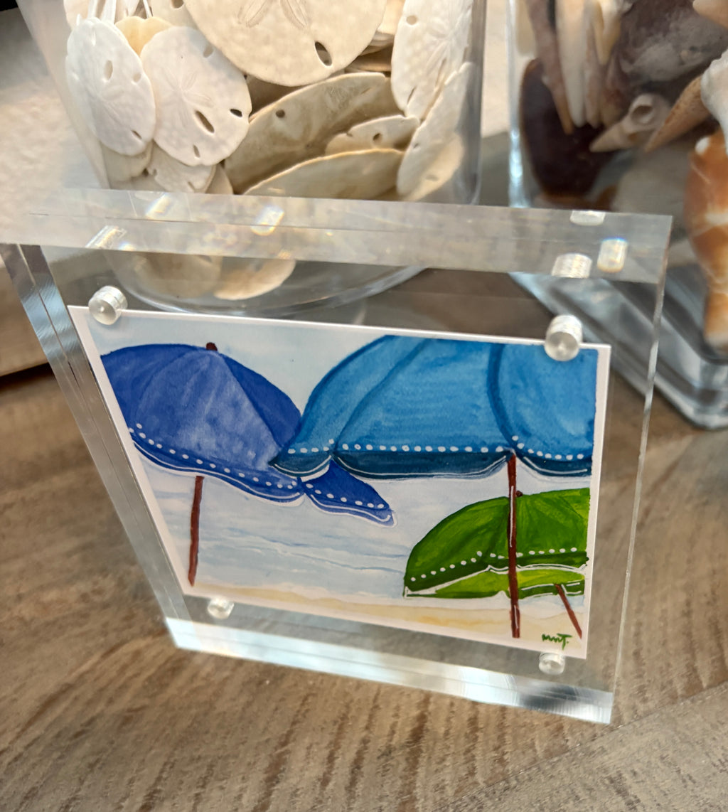Beach Umbrella Trio - 4x4 Watercolor Art Print in Acrylic Block Frame