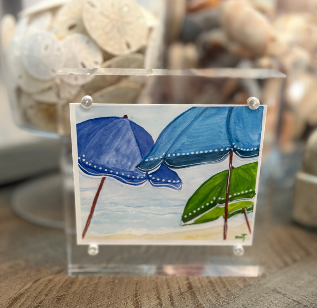 Beach Umbrella Trio - 4x4 Watercolor Art Print in Acrylic Block Frame