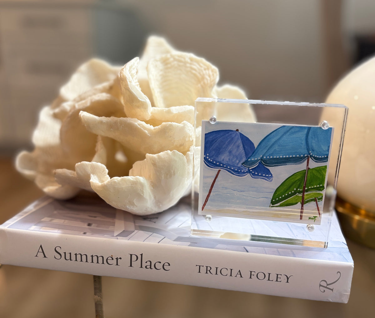 Beach Umbrella Trio - 4x4 Watercolor Art Print in Acrylic Block Frame