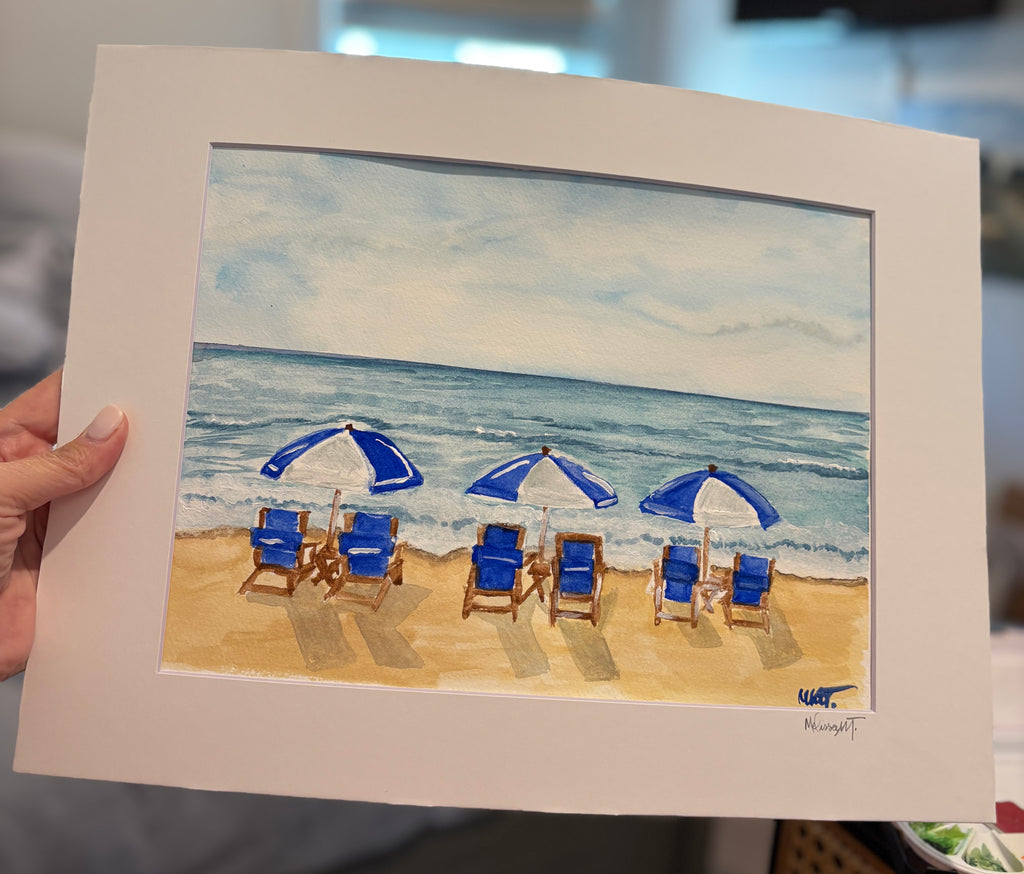 Original Watercolor Beach Painting – 9x12 Coastal Scene with Blue Umbrellas & Ocean Waves
