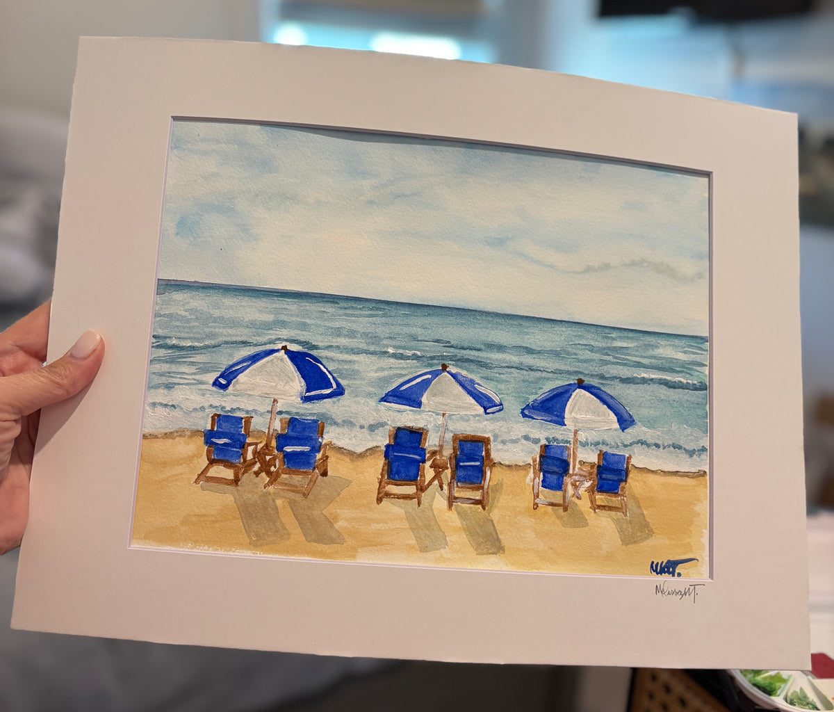 Original Watercolor Beach Painting – 9x12 Coastal Scene with Blue Umbrellas & Ocean Waves